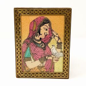 Vintage Indian Trinket Box Crushed Gemstone Art Woman Brass Wood Velvet Lined